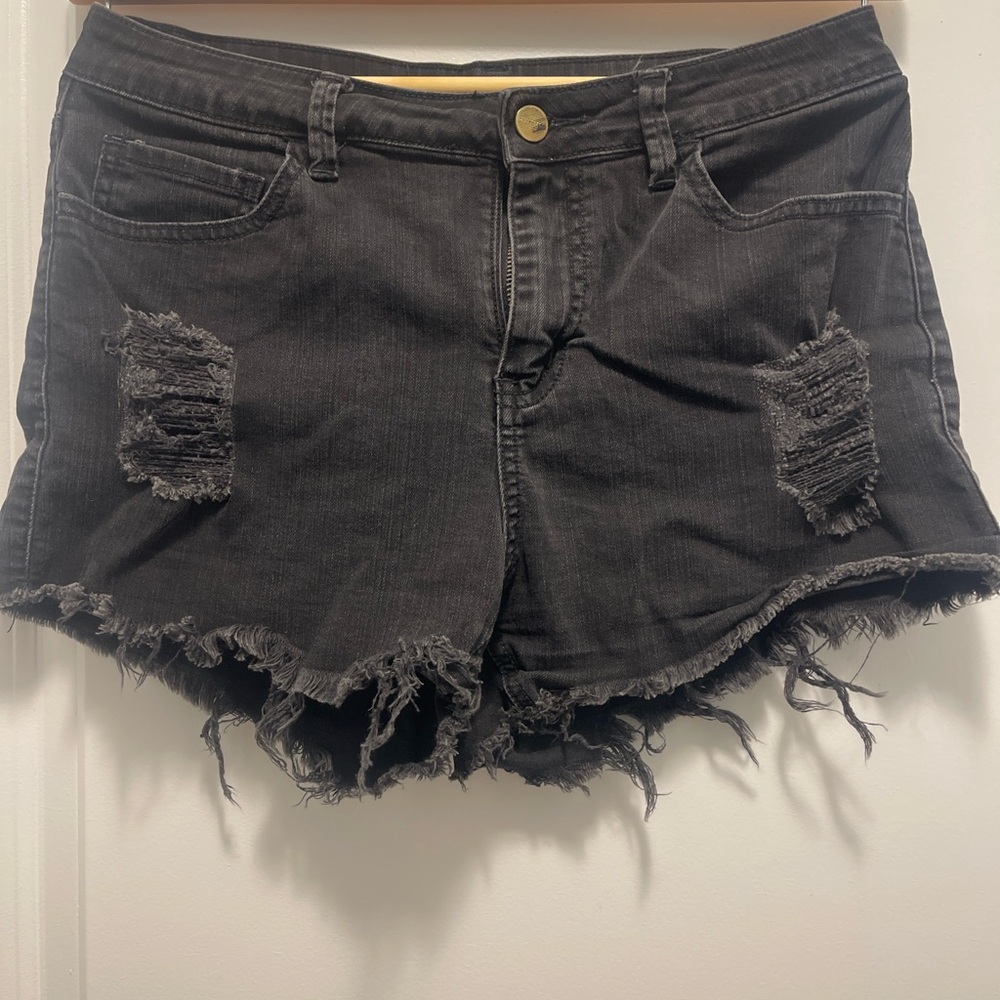 Black Distressed Jean Shorts with Frayed Hem